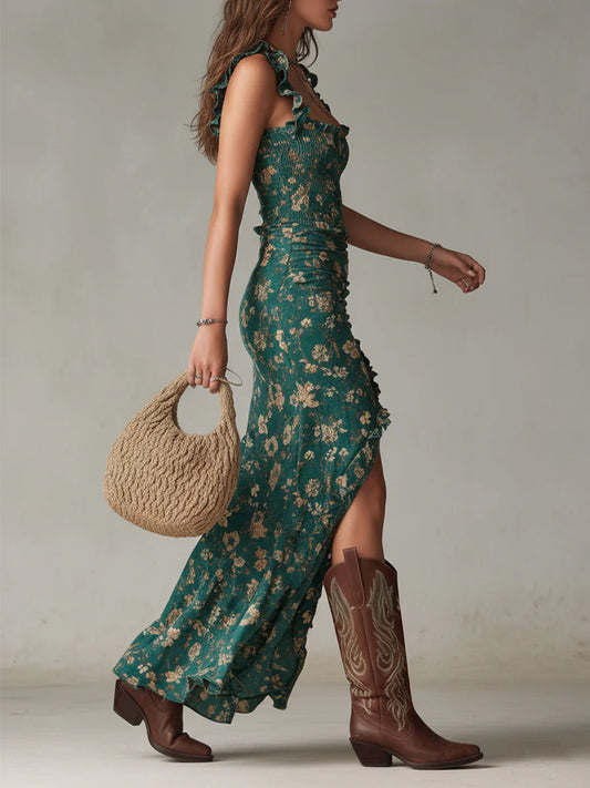 Celia - VESTIDO LARGO CON ESTAMPADO VERDE BOHEMIO