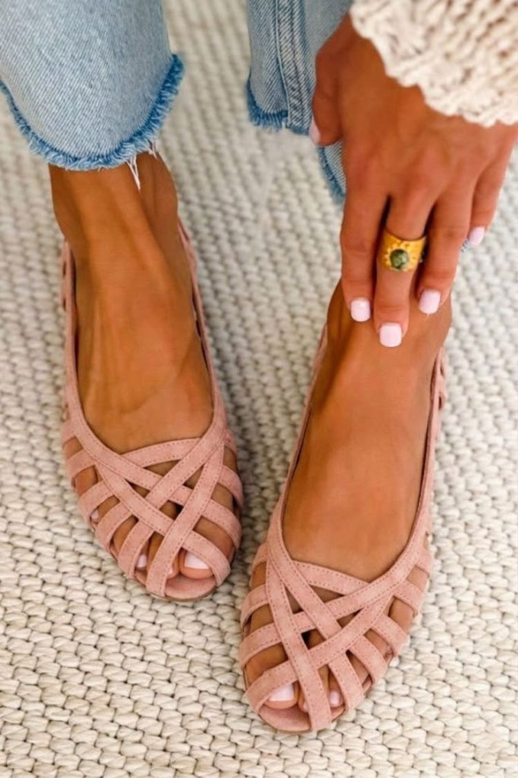 Zeline - Zapatos planos elegantes de ante rosa empolvado, con tiras, tejido y aberturas