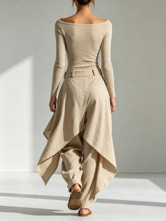 Eva - Conjunto de top beige con cuello barco y pantalón ancho con volantes