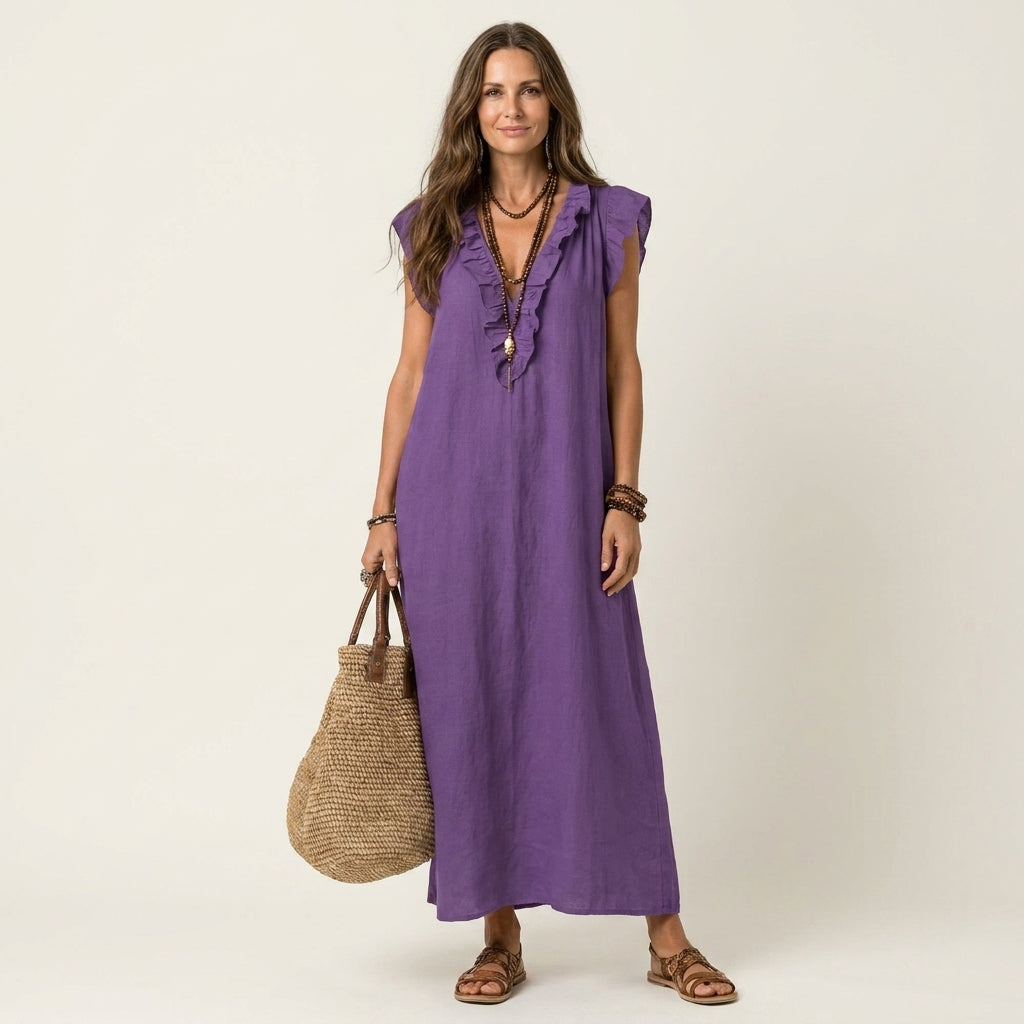 Josette - Vestido largo con cuello en V y volantes