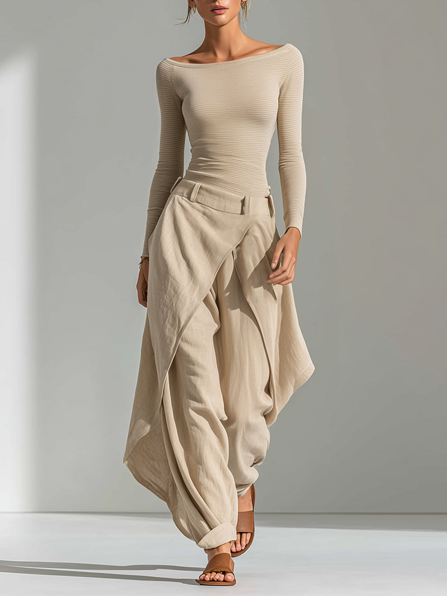 Eva - Conjunto de top beige con cuello barco y pantalón ancho con volantes