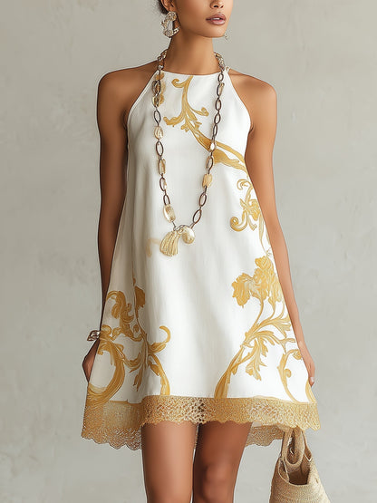 Dori - Vestido mini de encaje blanco con motivos dorados