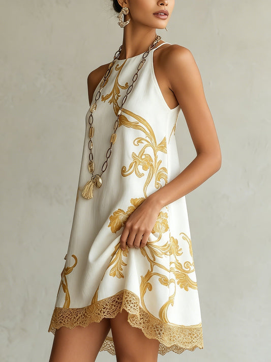 Dori - Vestido mini de encaje blanco con motivos dorados