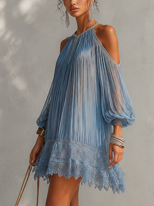 Celestina - Vestido mini azul de hombros descubiertos con bajo de encaje