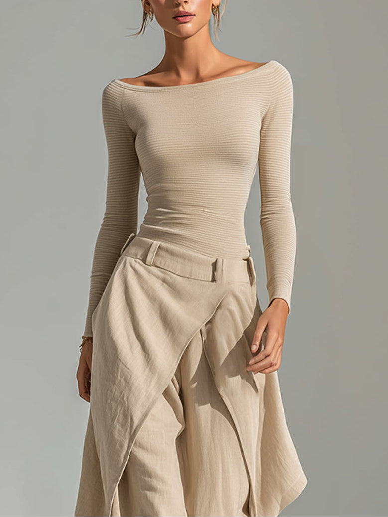 Eva - Conjunto de top beige con cuello barco y pantalón ancho con volantes