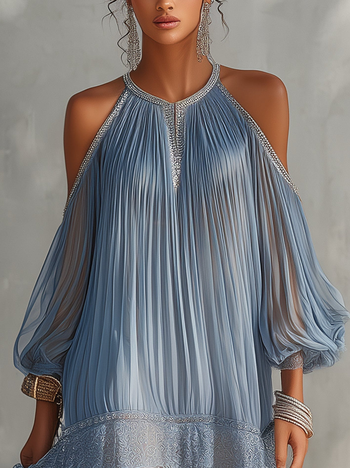 Celestina - Vestido mini azul de hombros descubiertos con bajo de encaje