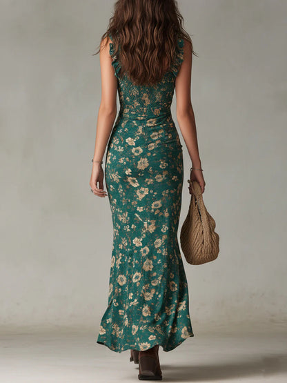Celia - VESTIDO LARGO CON ESTAMPADO VERDE BOHEMIO
