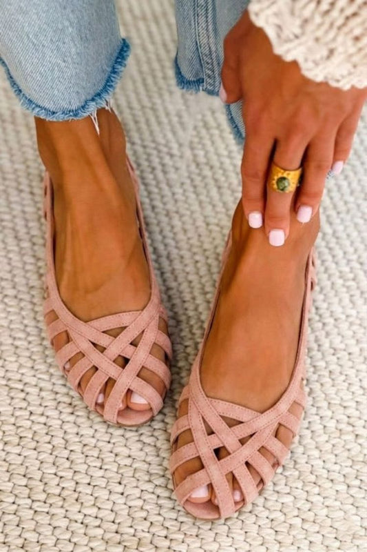 Zeline - Zapatos planos elegantes de ante rosa empolvado, con tiras, tejido y aberturas