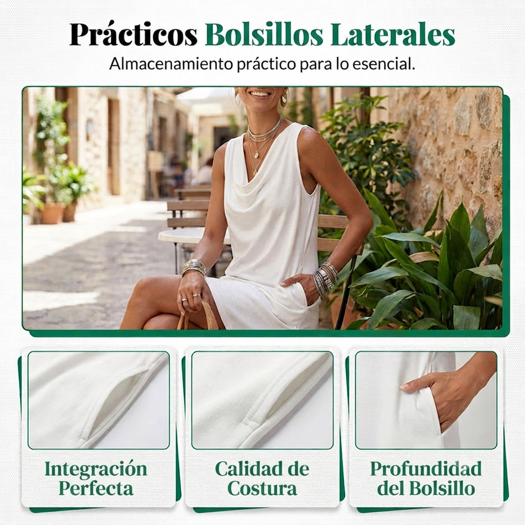 Beatriz - Vestido entallado con cuello barco – Sin mangas, bolsillos laterales, versátil