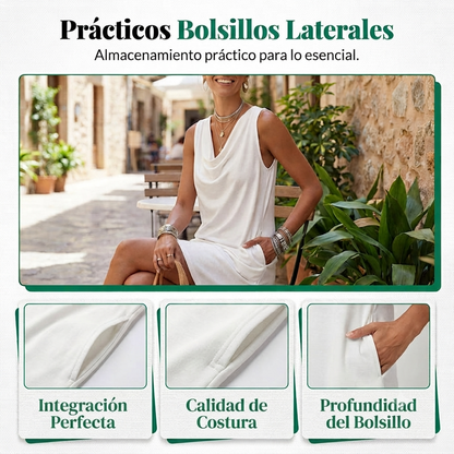 Beatriz - Vestido entallado con cuello barco – Sin mangas, bolsillos laterales, versátil