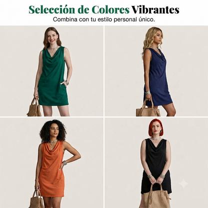 Beatriz - Vestido entallado con cuello barco – Sin mangas, bolsillos laterales, versátil