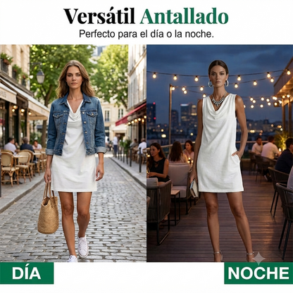 Beatriz - Vestido entallado con cuello barco – Sin mangas, bolsillos laterales, versátil