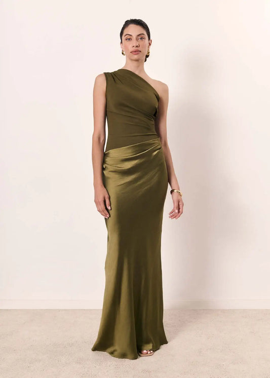 Amber - Vestido largo de satén con un solo hombro