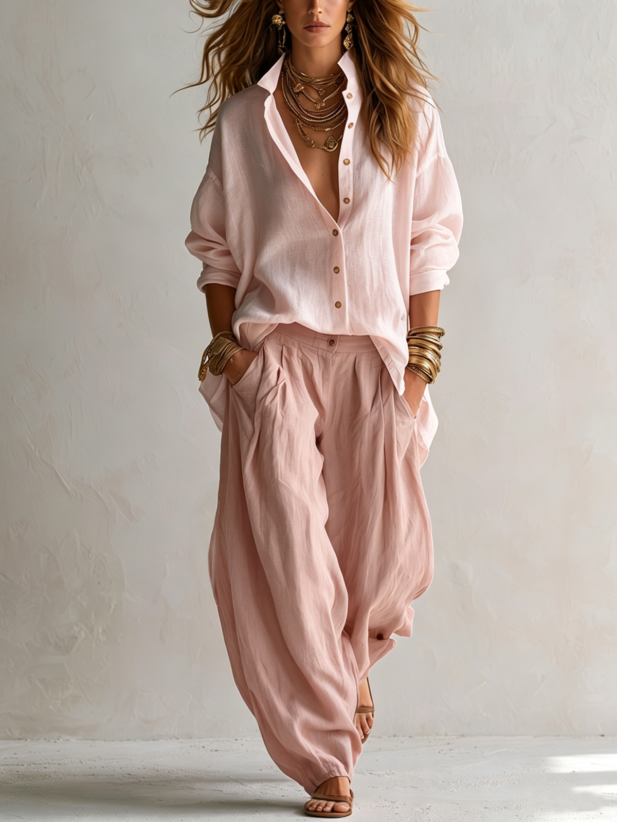 Carmen - Camisa blanca amplia y pantalón globo verde oliva