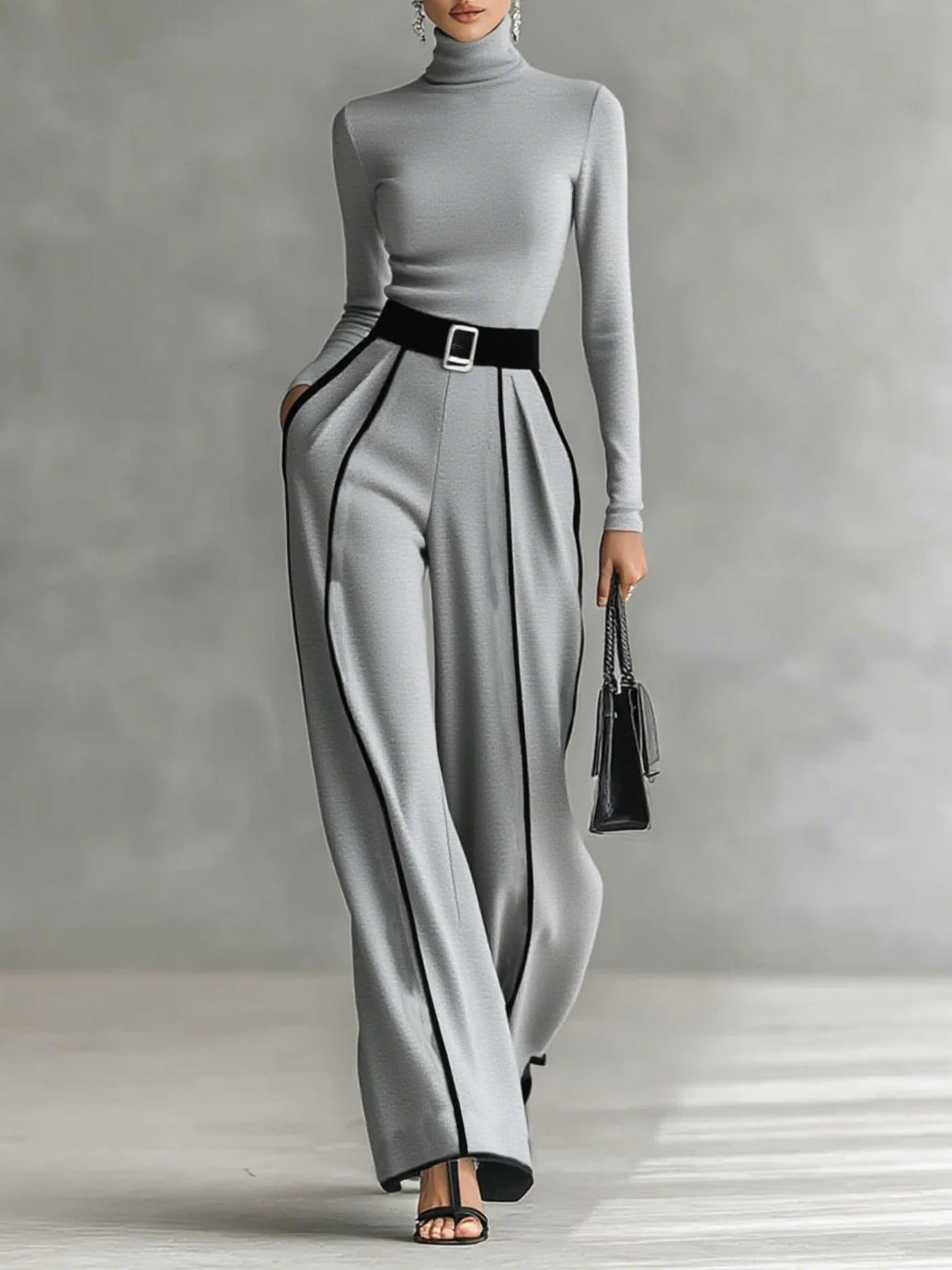 Adèle - Conjunto de cuello alto con ribetes blancos y pantalón ancho