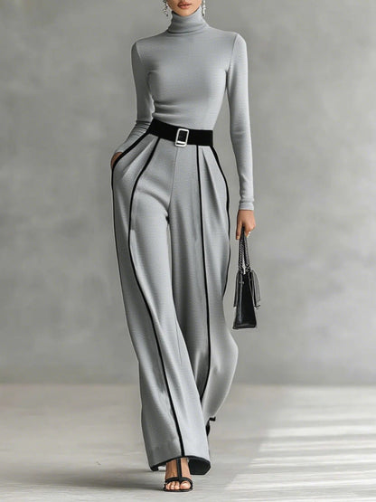 Adèle - Conjunto de cuello alto con ribetes blancos y pantalón ancho