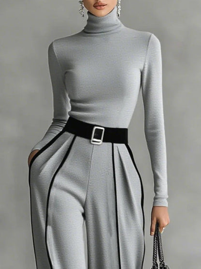 Adèle - Conjunto de cuello alto con ribetes blancos y pantalón ancho