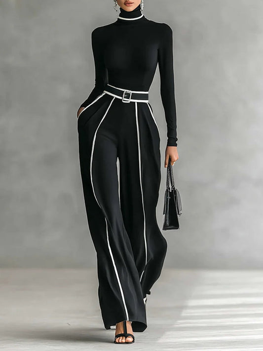 Adèle - Conjunto de cuello alto con ribetes blancos y pantalón ancho