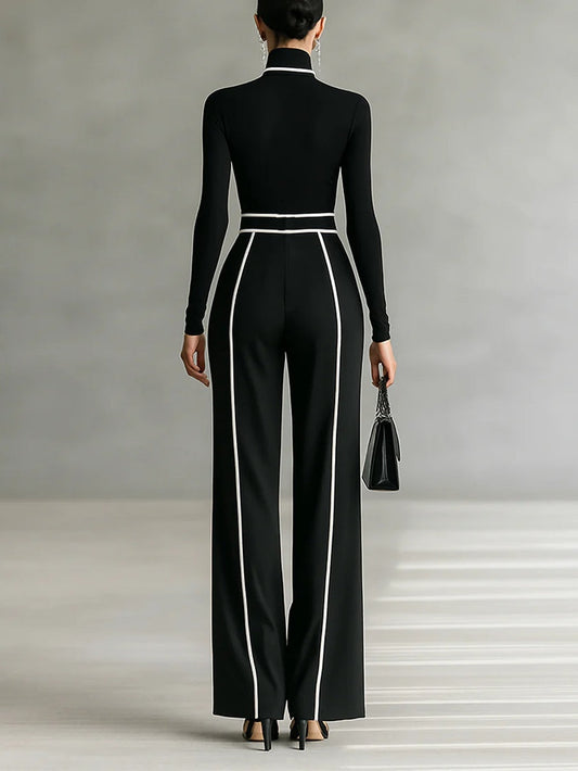 Adèle - Conjunto de cuello alto con ribetes blancos y pantalón ancho