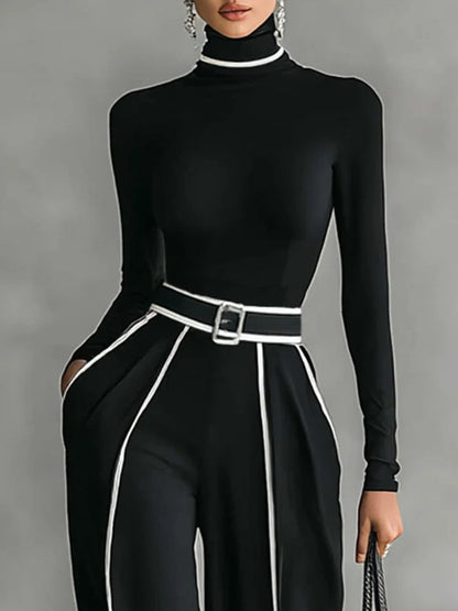 Adèle - Conjunto de cuello alto con ribetes blancos y pantalón ancho