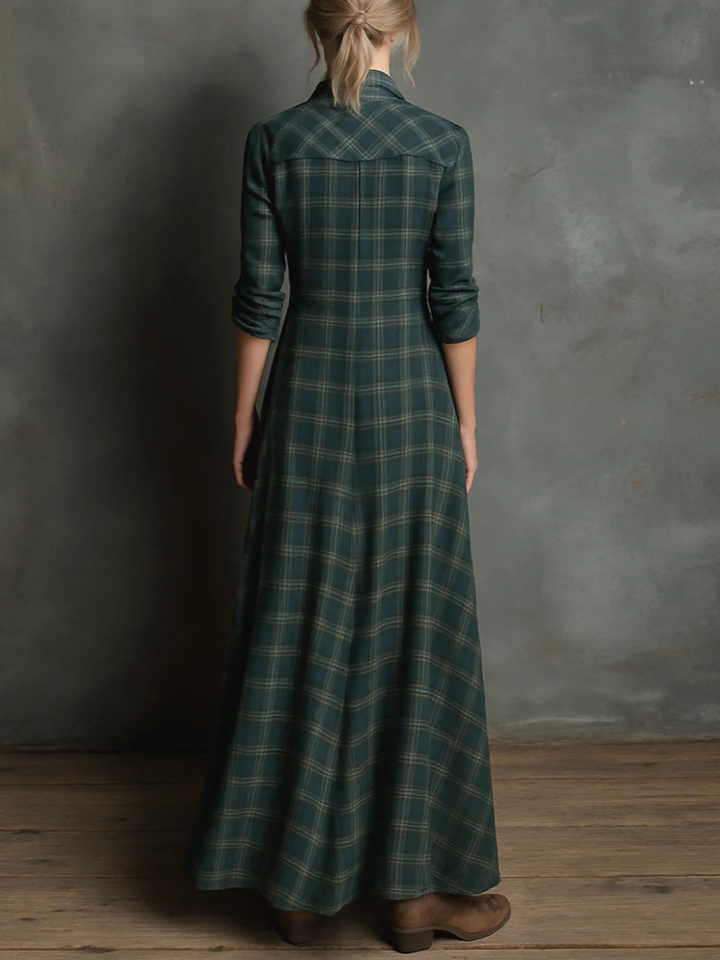Margarita - Vestido camisero largo de cuadros vichy verde