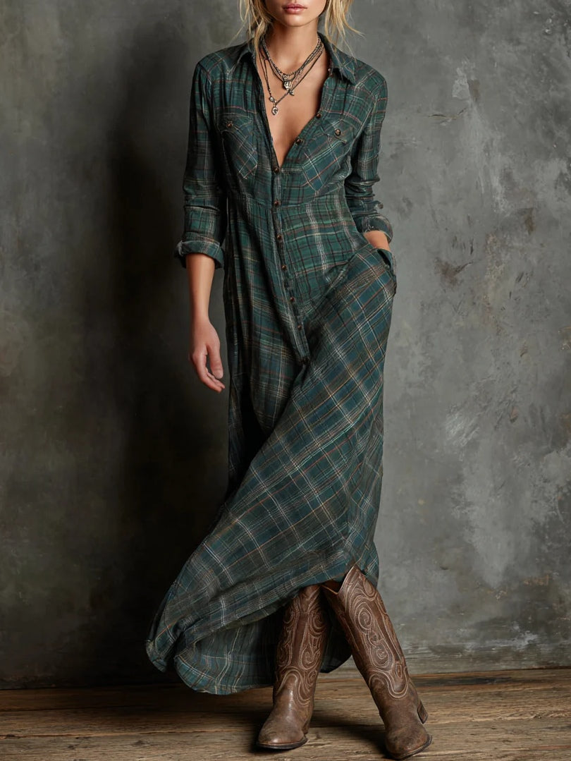 Margarita - Vestido camisero largo de cuadros vichy verde