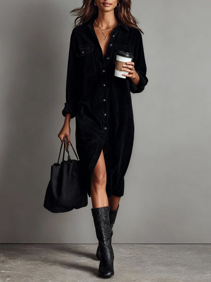 Béatrice - Vestido midi de pana con bolsillos y botón único