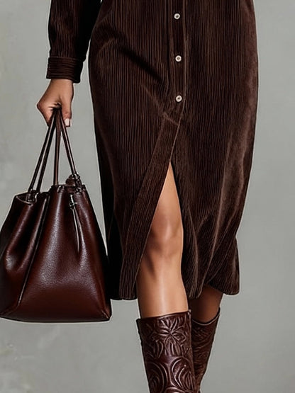 Béatrice - Vestido midi de pana con bolsillos y botón único