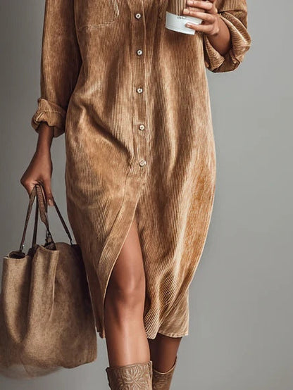 Béatrice - Vestido midi de pana con bolsillos y botón único