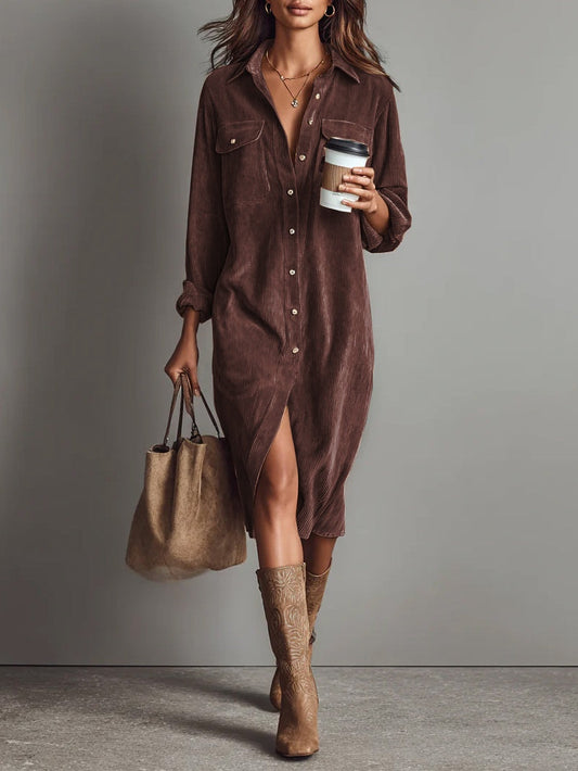 Béatrice - Vestido midi de pana con bolsillos y botón único