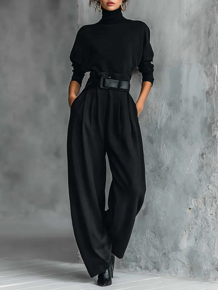 Noëlla - Conjunto de top negro de cuello alto y pantalón recto