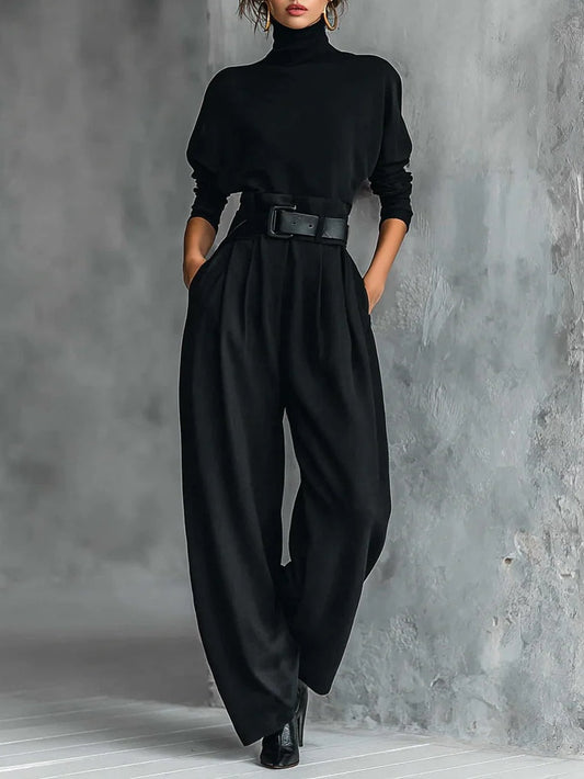 Noëlla - Conjunto de top negro de cuello alto y pantalón recto