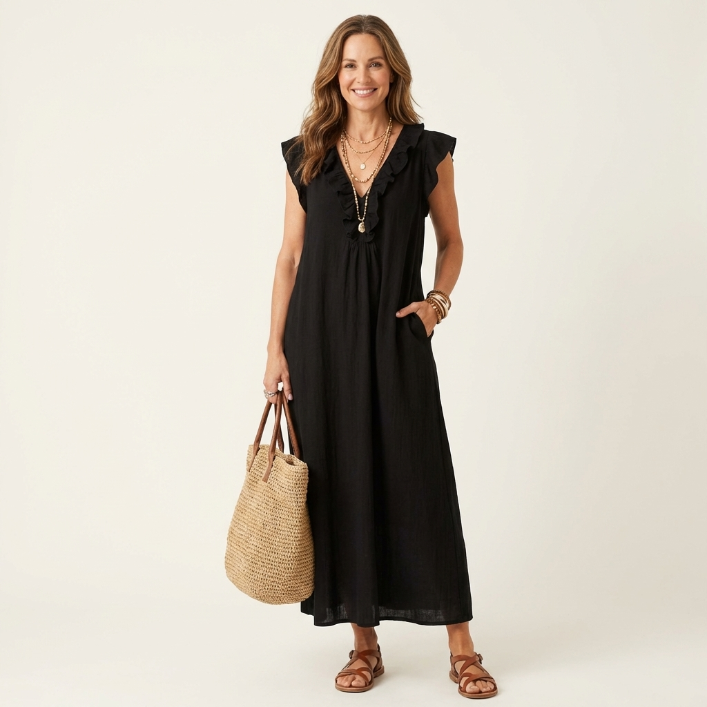 Josette - Vestido largo con cuello en V y volantes