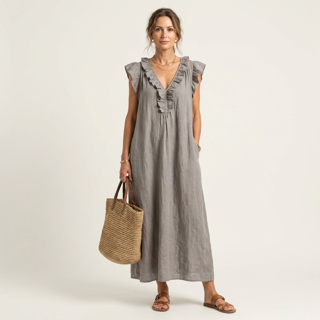 Josette - Vestido largo con cuello en V y volantes