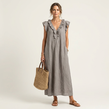 Josette - Vestido largo con cuello en V y volantes
