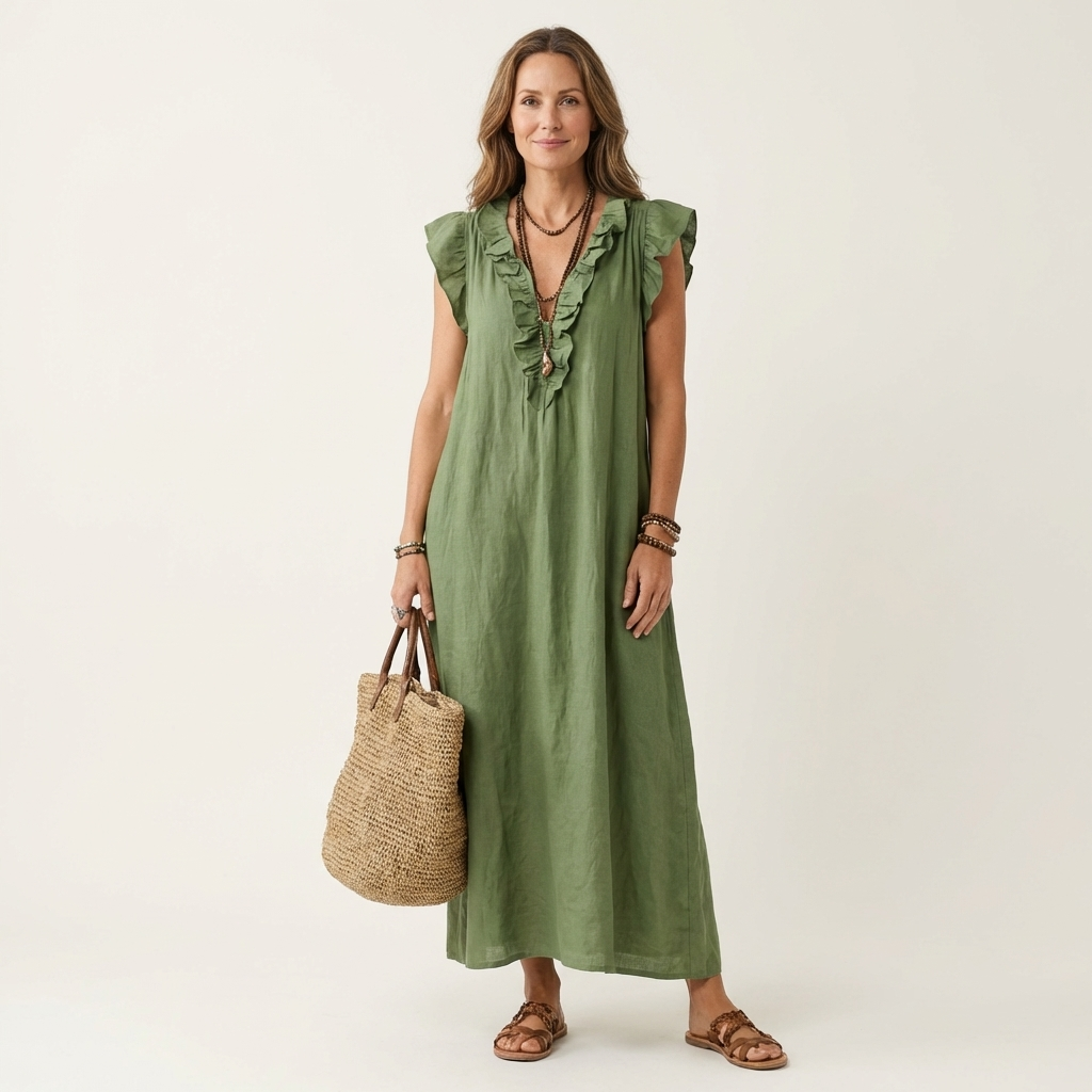 Josette - Vestido largo con cuello en V y volantes