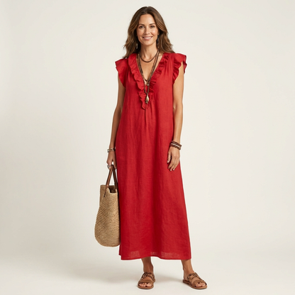 Josette - Vestido largo con cuello en V y volantes