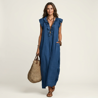 Josette - Vestido largo con cuello en V y volantes