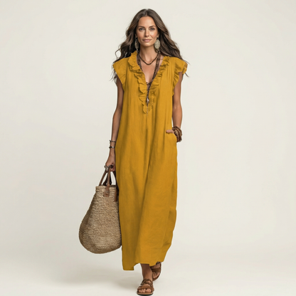 Josette - Vestido largo con cuello en V y volantes
