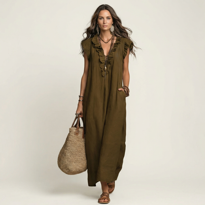 Josette - Vestido largo con cuello en V y volantes