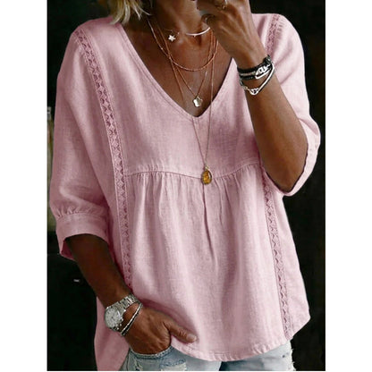 Susana - Top informal para mujer con cuello en V y encaje