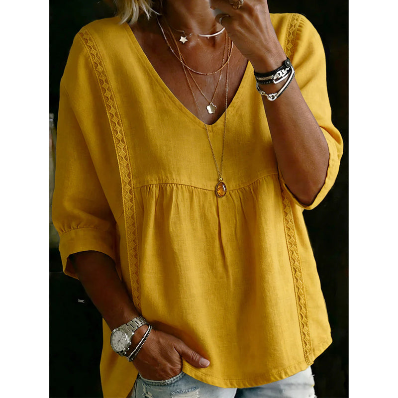 Susana - Top informal para mujer con cuello en V y encaje