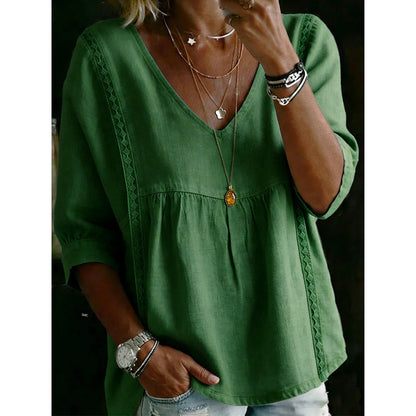 Susana - Top informal para mujer con cuello en V y encaje