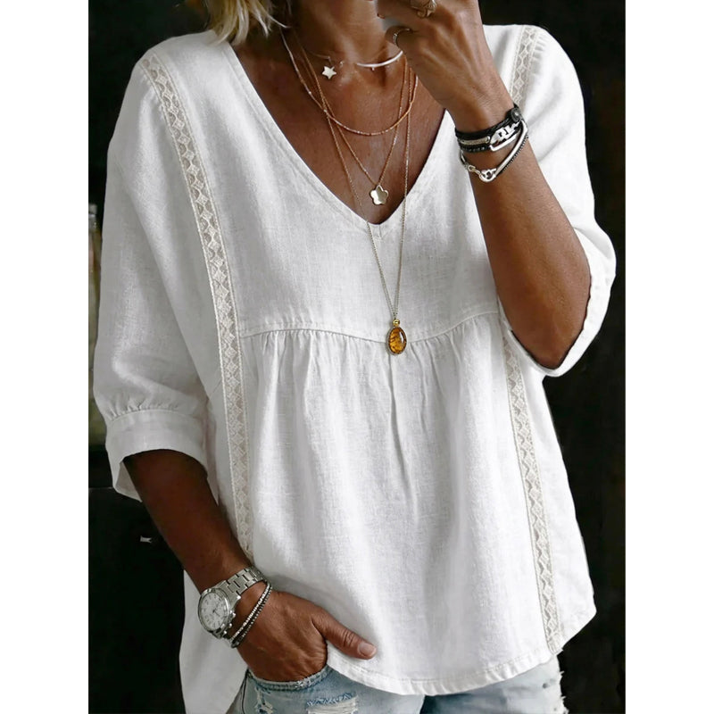 Susana - Top informal para mujer con cuello en V y encaje