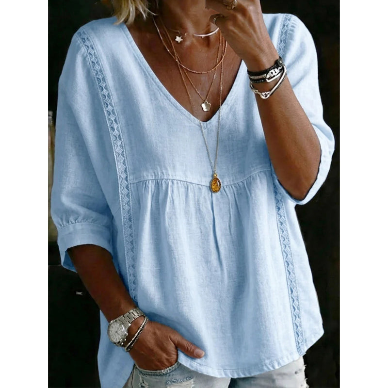 Susana - Top informal para mujer con cuello en V y encaje