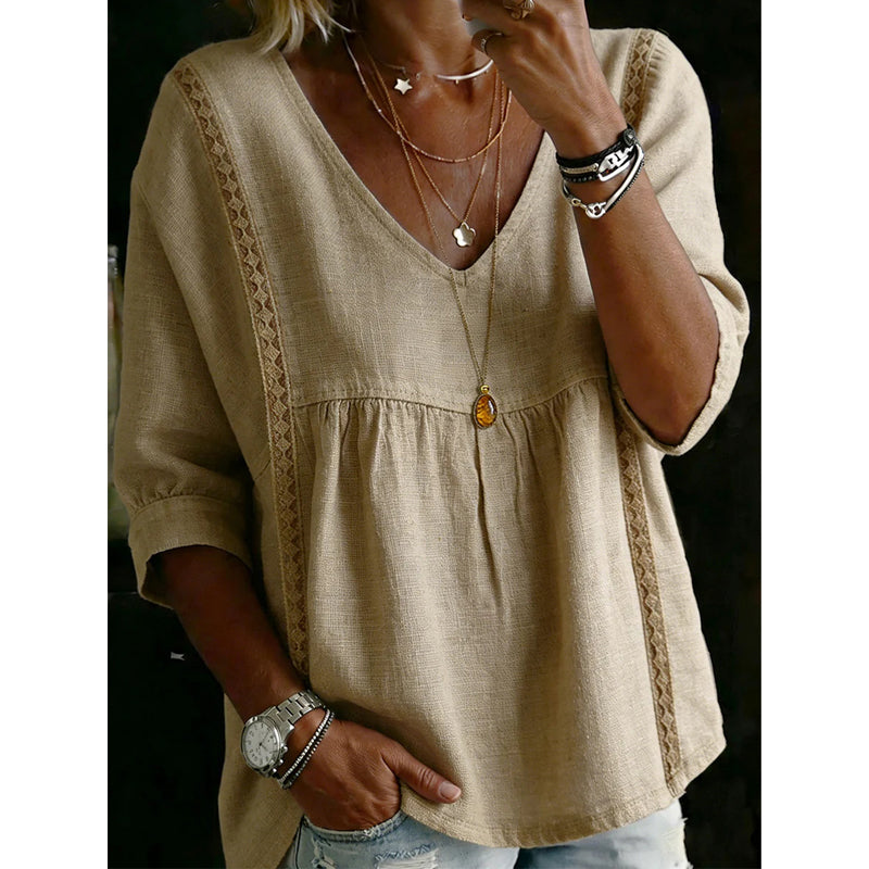 Susana - Top informal para mujer con cuello en V y encaje