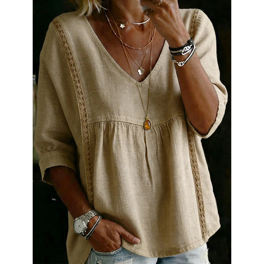 Susana - Top informal para mujer con cuello en V y encaje
