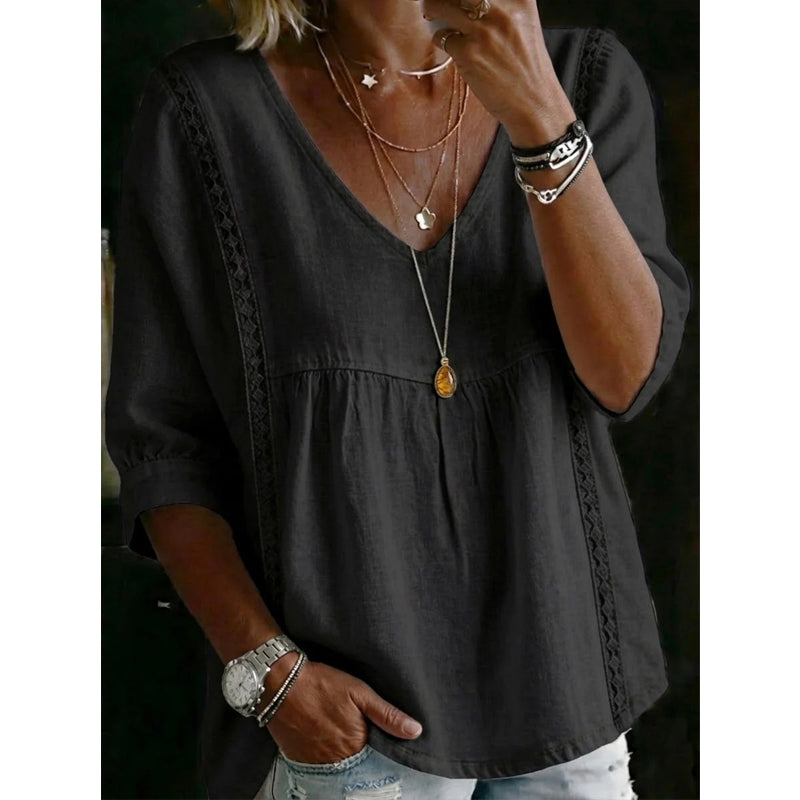 Susana - Top informal para mujer con cuello en V y encaje