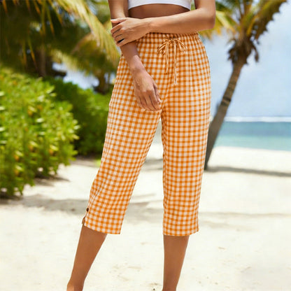 Capri - Pantalones de algodón y lino de alta calidad con estampado de cuadros clásico: ¡perfectos para la primavera y el verano!