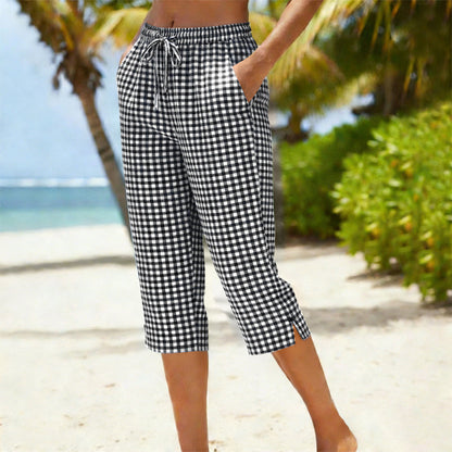 Capri - Pantalones de algodón y lino de alta calidad con estampado de cuadros clásico: ¡perfectos para la primavera y el verano!